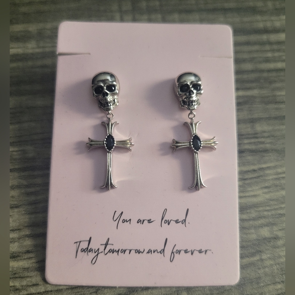 Sterling Silver Skull Cross Earrings